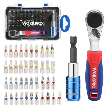 WORKPRO Bit Ratchet Set with Ratchet Ratchet S2 Bit and Storage Ideal for and Bicycle Repairs Set, 43-Piece Wrench, Driver, 6.35mm Drive, Material,