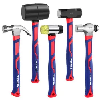 WORKPRO Steel Head Glass Handle Set 32oz Rubber Mallet 16oz Claw Ball Peen Hammer 3lb Sledge 22oz Mallet Forged/Polished - & Double-Sided чёрный