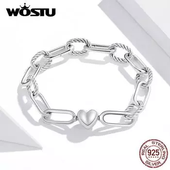 WOSTU браслет-скрепка из стерлингового серебра 925 пробы с сердцем, браслеты-цепочки Love для женщин, ювелирные изделия для помолвки, подарок 17 серебряный