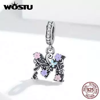 WOSTU настоящее серебро 925 пробы буква M цветок подвеска подходит оригинальный браслет кулон циркониевые бусины HCC2274