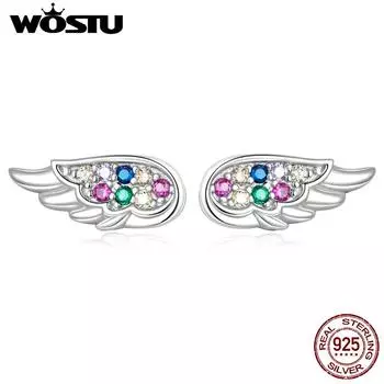 WOSTU новые модные мини-серьги-гвоздики из стерлингового серебра 925 пробы с цветными цирконами и перьями, маленькие серьги для женщин, ювелирные изделия 925 silver
