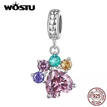 WOSTU стерлингового серебра 925 пробы красочные цирконы подвески в виде лапы бусина для женщин оригинальный серебряный браслет ювелирные изделия 925 silver