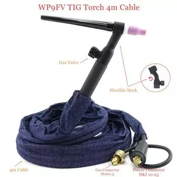 WP9FV Горелка TIG 4 м 13 футов Газовая вольфрамовая дуговая сварочная горелка WP9 Аргоновая горелка с воздушным охлаждением с гибкой горловиной Газовый клапан Сварочная горелка TIG