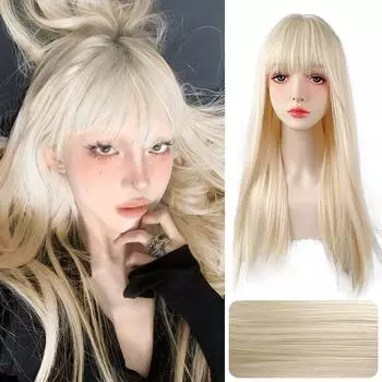 WTB Light Gold Long Straight Synthetic Wig Female Winter Sweet Gentle Lolita Straight Bangs Straight Hair Cosplay Party Wig 60CM