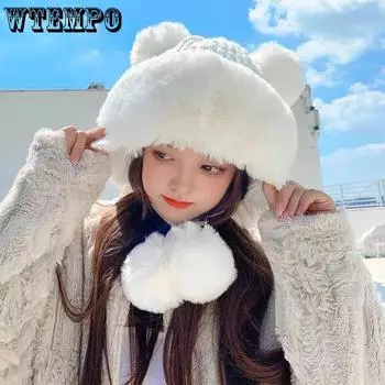 WTEMPO Autumn Winter Knitted Woolen Hats Imitation Rabbit Faux Fur Bomber Hats Women Warm Cute Sweet Ear Protection Hats One Size серый