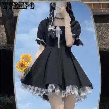 WTEMPO/летние платья Kawaii в стиле готической Лолиты для девочек, женское школьное платье JK Harajuku, милое кружевное короткое черное платье с короткими рукавами-фонариками S чёрный