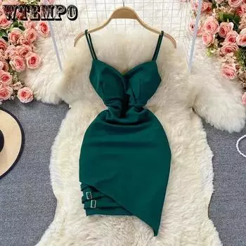 WTEMPO сексуальное женское летнее платье, однотонное, нерегулярное, с запахом бедра, красное платье с открытой спиной, v-образным вырезом и высокой талией, тонкое праздничное платье без рукавов M зелёный
