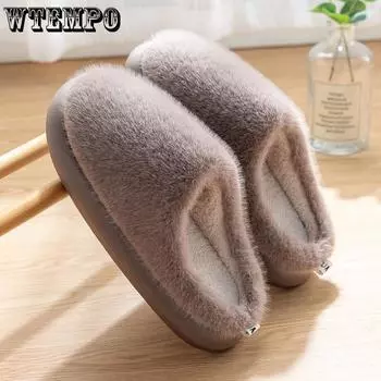 WTEMPO Simple Thick Heel Autumn Winter Cotton Slippers Indoor Home Plush Cashmere Warm Non-slip Plush Slippers 40-41 серый