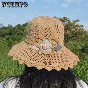WTEMPO Solid Color Sun Hat with Wind-proof Rope Women Spring Summer Wide Brim Outdoor Breathable Foldable Beach Sunscreen Hats 1pc розовый