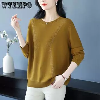 WTEMPO Women s Knitted Sweater Round Neck Sweater Mom Loose Knitted Long Sleeve Top M чёрный