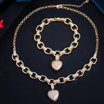 WWJ 2PCS Роскошный желтый золотой цвет Love Heart Подвеска Ожерелье Наборы браслетов золотой