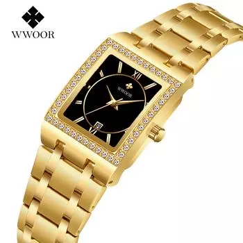 WWOOR кварцевые часы для женщин из нержавеющей стали, лучший бренд, роскошные женские часы-браслет, женские часы, водонепроницаемые наручные часы с датой золотой