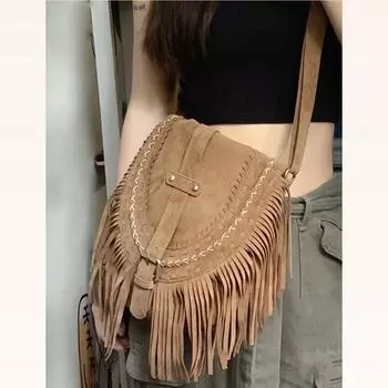 Xiaohongshu Same искусственная замшевая сумка с бахромой женская хаки универсальная этническая ретро сумка-мессенджер Tide