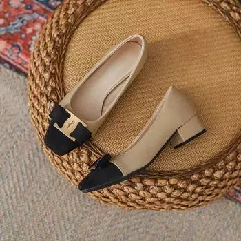 Xiaoxiangfeng thick heel single shoes 2025 new square head metal buckle color matching light mouth French Mary Jane shoes large size 34 бежевый