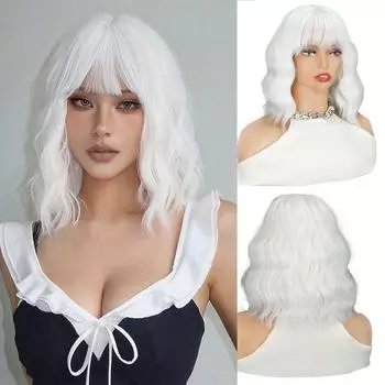 XINRAN Natural Wig With Bangs Short Wavy Wigs For Women Shoulder Length Curly Bob Wigs Heat Resistant Wigs For Cosplay Daily Party Use 30cm