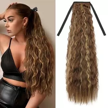 XINRAN Synthetic Double Strap Ponytail Extensions Clip In Long Curly Ponytail Wrap Around Ponytail Heat Resistant Hair For Women Cosplay Use 55cm