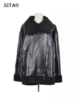 XITAO Черное пальто из искусственной кожи Модное женское пальто LDD2229 One Size чёрный