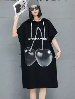 XITAO Fruit Print Hooded Rope Loose Fitting Dress GMM1197 One Size чёрный