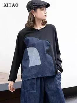 Xitao Контрастная цветная пэчворк модная женская футболка DMJ5005 One Size чёрный