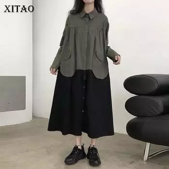 XITAO новое свободное платье контрастного цвета в стиле пэчворк с карманами, модное повседневное, с отложным воротником и длинными рукавами, простота, женское ZY5866