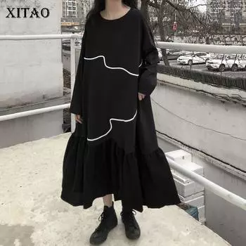 XITAO Новый Сращивание Оборка Подол Платье Нерегулярный Линг Контраст Цвет Простота Мода Свободные Женщины Повседневный All-match Spring ZY5867