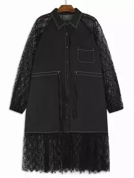 XITAO Patchwork Lace Plaid Hollow Out Dress GMM1187 One Size чёрный