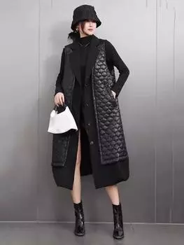 XITAO Pu Patchwork Sleeveless Pocket Long Vest GMM1241 One Size чёрный