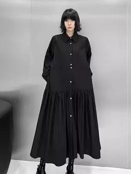 XITAO Shirring Pocket Patchwork Dress GMM1225 One Size чёрный