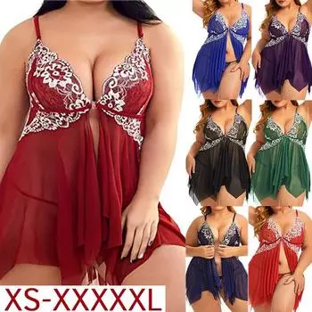 XS-6XL Плюс Размер Модная Ночная Рубашка Женская Сексуальная Кружевная Ночная Рубашка Нижнее Белье Платье С Разделением спереди Babydoll Глубокий V-образным Вырезом Сетка Прозрачная Пижама Пижамы