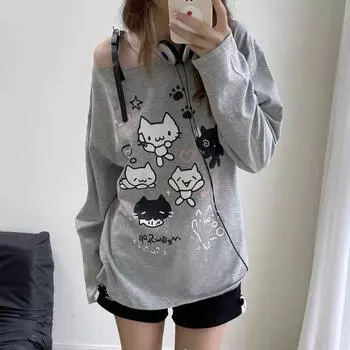 Y2k Harajuku Cuteore толстовки женские японский стиль Kawaii сладкий бандаж мультяшный принт большой размер толстовка мягкая девушка S серый