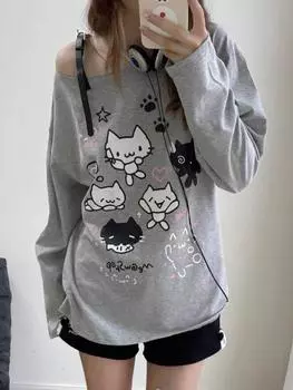Y2k Harajuku Cuteore толстовки женские японский стиль Kawaii сладкий бандаж мультяшный принт большой размер толстовка мягкая девушка S серый