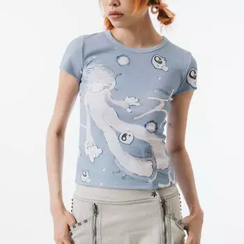 Y2K Street Basic морской аниме с принтом круглый вырез облегающая футболка с короткими рукавами Топ Лето S