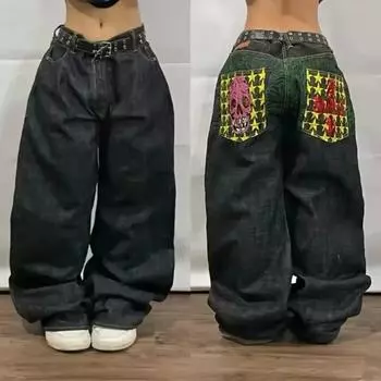 Y2K Trendy Retro Classic Pocket Skull Pattern Прямые джинсовые брюки Летние американские готические стираные широкие джинсовые брюки свободного покроя M