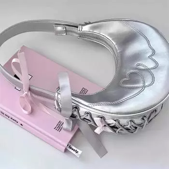 Y2K винтажный корейский серебряный роскошный роскошный кошелек в форме полумесяца, маленькая сумка-тоут, женская сумка, сумки подмышки, кошельки, женские сумки