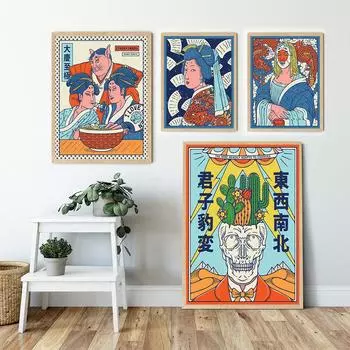 Япония абстрактный ретро холст сестры гейши скелет книги по искусству плакат печати леди ками костюмы гримаса живопись комната домашний декор 21x30cm No Framed