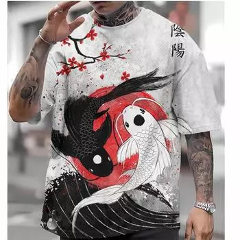 Японская футболка Ukiyo-e с 3D-принтом, мужские футболки с рисунком животных и пейзажей, летние уличные футболки Harajuku с круглым вырезом, футболки с коротким рукавом S