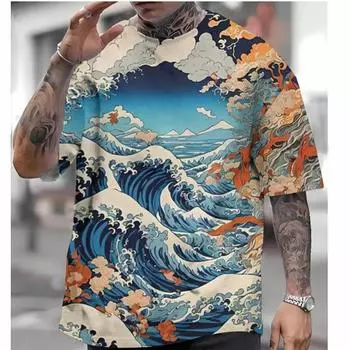 Японская футболка Ukiyo-e с 3D-принтом, мужские футболки с рисунком животных и пейзажей, летние уличные футболки Harajuku с круглым вырезом, футболки с коротким рукавом 5XL
