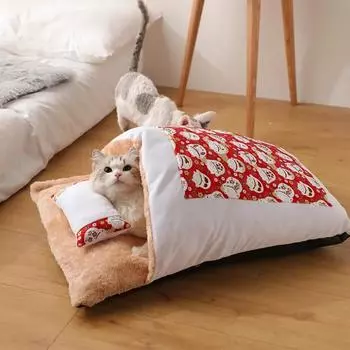 Японская кровать для кошек с подушкой, зимняя теплая пещера для кошек, домик для кошек, бархатные кровати для собак, коврик для глубокого сна, спальный мешок, гнездо, подушка S 45x30cm