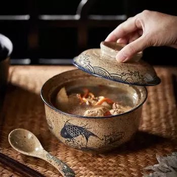 Японская миска для лапши быстрого приготовления с крышкой, ретро-керамическая, большой емкости, миска для салата, супа, бытовая кухонная посуда, принадлежности