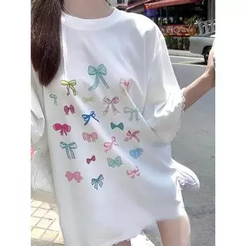 Японские футболки Kawaii, женские повседневные блузки с короткими рукавами и принтом Y2K, офисные женские дизайнерские милые свободные рубашки, корейские летние Y2k XS белый