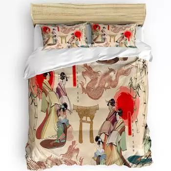 Японский комплект постельного белья Red Sun Geisha Woman Dragon Bamboo из 3 предметов для спальни, двуспальная кровать, домашний текстиль, пододеяльник, наволочка EU single(135x200cm)