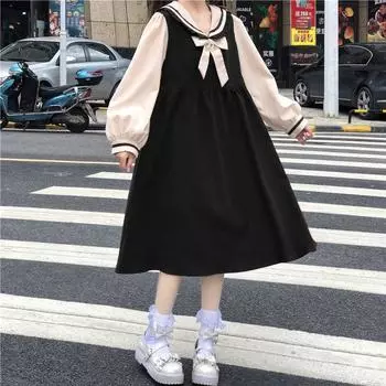 Японское милое стильное платье Kawaii Lolita, осеннее мягкое платье с матросским воротником и рюшами, с длинными рукавами, студенческие женские платья M