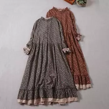 Японское платье с принтом Mori Girl Art, красивое весеннее женское платье из хлопка и льна, новое цветочное платье, свободное платье с длинными рукавами, платье-миди One Size
