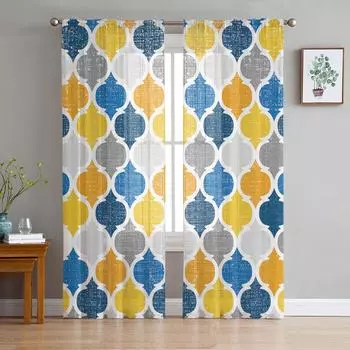 Yellow Blue Geometric Moroccan Retro Sheer Curtains for Living Room Decoration Window Curtains Kitchen Tulle Voile Curtains W135 x H115cm x1
