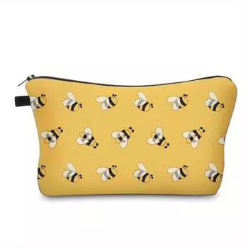 Yellow Cartoon Bee Print Makeup Storage Bag Cute Portable Zipper Cosmetic Bag, Lightweight Durable Toiletry Bag