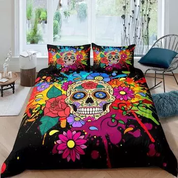 Yellow Sugar Skull Print Home Bedding Sets Duvet Cover Pillowcase Microfiber King Queen Double Twin Polyester Comforter Cover 135x200cm 2pcs