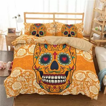 Yellow Sugar Skull Print Home Bedding Sets Duvet Cover Pillowcase Microfiber King Queen Double Twin Polyester Comforter Cover EU single(135x200cm)