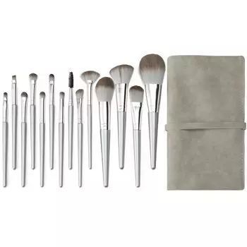 YINAN Studio Makeup Brush Set 14 Pieces Soft Makeup Brushes with Elegance Leather Pouch Popular Brush Set Silver Color