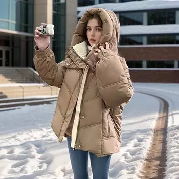 YJKDYK 2024 Winter Women s Cotton Jacket Contrast Hooded Thicken Warm Parka Coats Top Female Single Breasted Short Bread Jacket M хаки