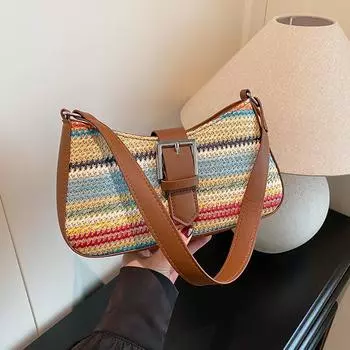 Yogodlns Модная плетеная сумка из искусственной кожи подмышкой, женская новая полосатая сумка через плечо, высококачественная нишевая трендовая сумка-хобо 25x5x13cm бежевый